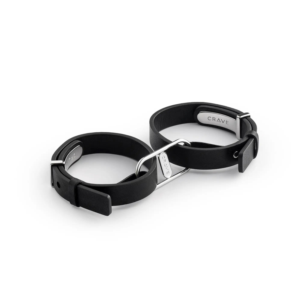 CRAVE Icon Cuffs – Leather & Stainless Steel Restraint Bracelet Black and Silver