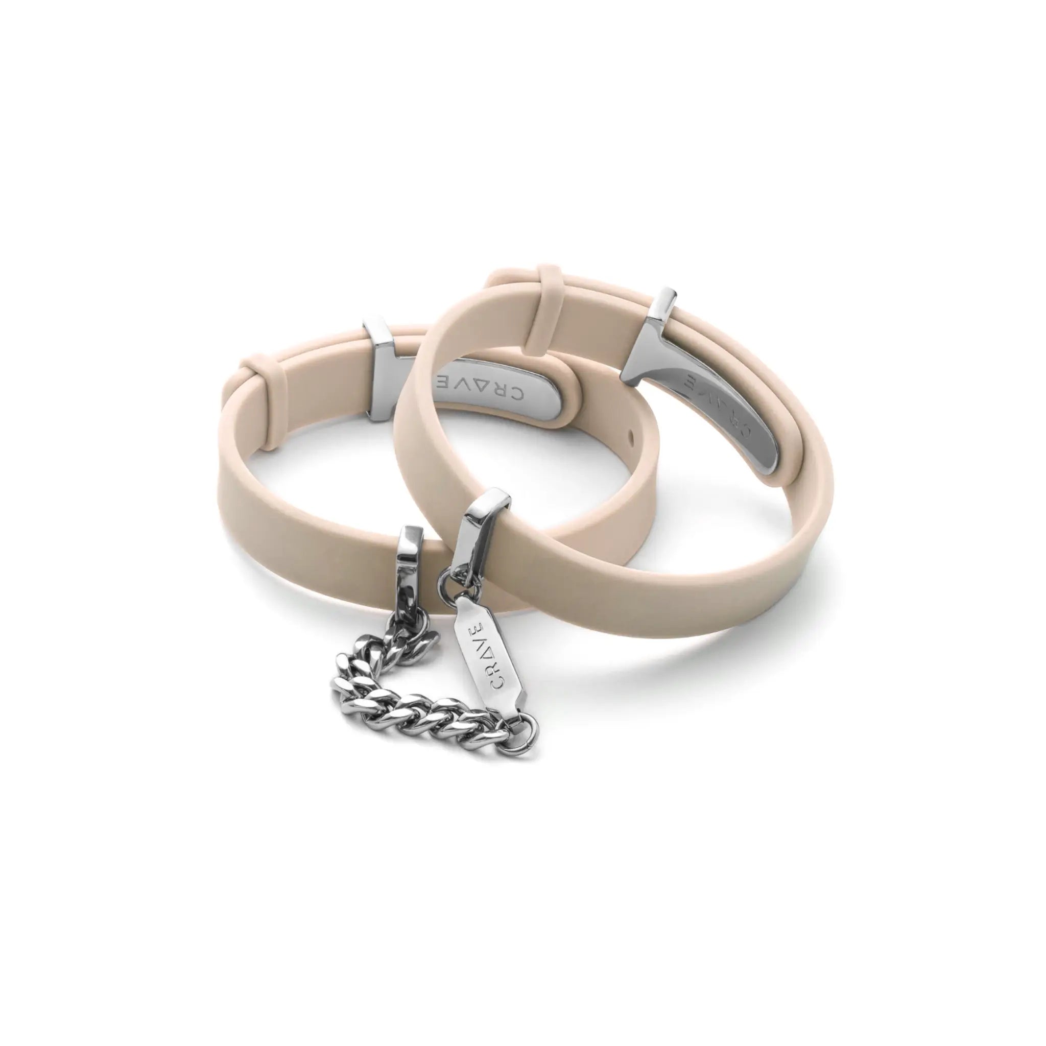 Beige dog collar with silver hardware on a white background