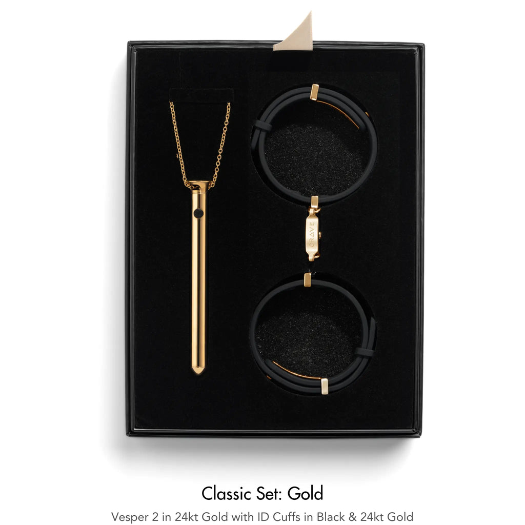 Jewelry set with necklace and bracelets in a black box, labeled 'Classic Set: Gold'.