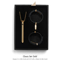 Jewelry set with necklace and bracelets in a black box, labeled 'Classic Set: Gold'.