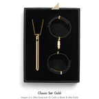 Jewelry set with necklace and bracelets in a black box, labeled 'Classic Set: Gold'.
