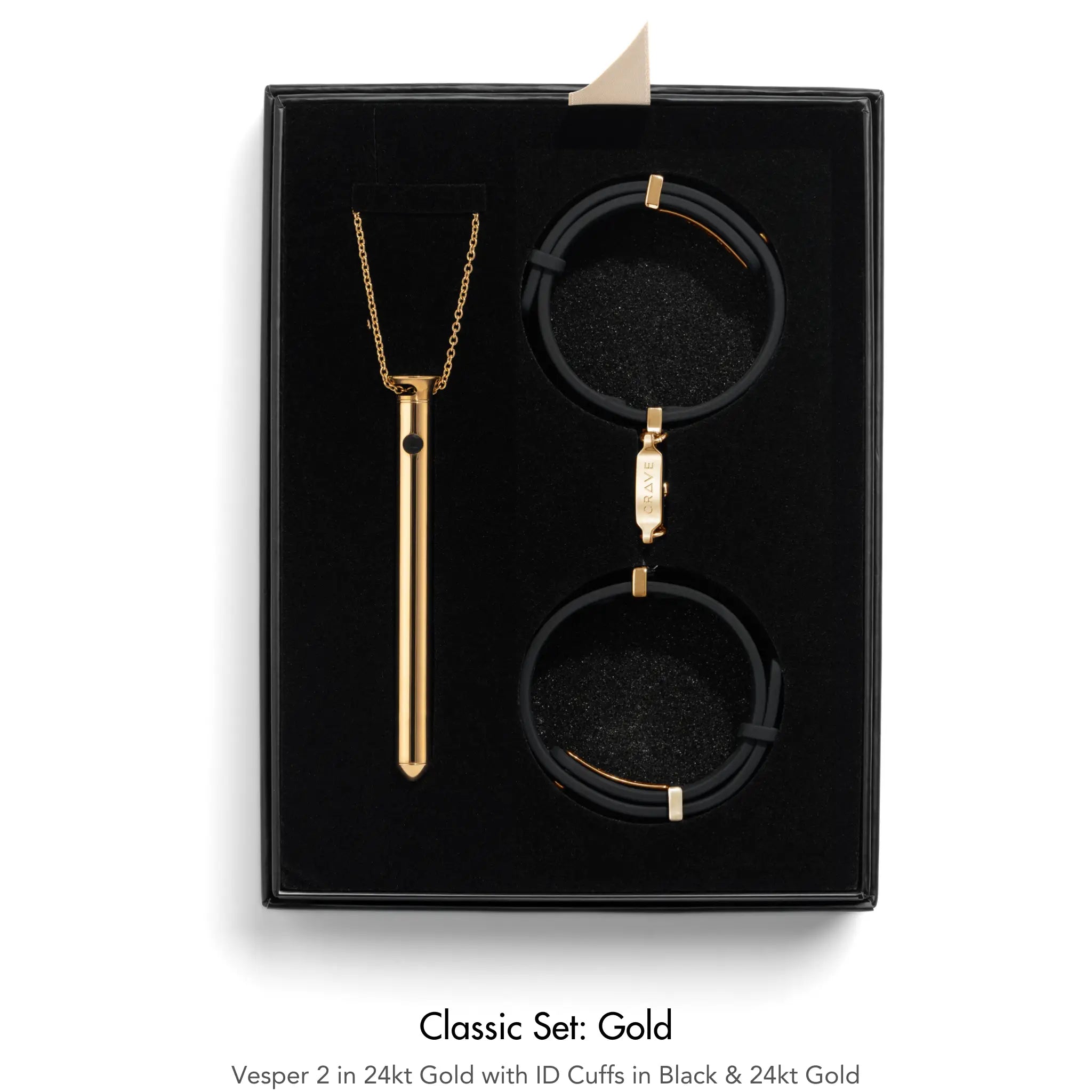 Jewelry set with necklace and bracelets in a black box, labeled 'Classic Set: Gold'.