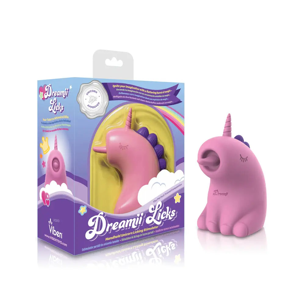 Pink unicorn-shaped product with packaging labeled 'Dreamii Licks' on a white background