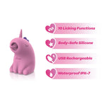 Pink unicorn-shaped toy with features listed on a white background