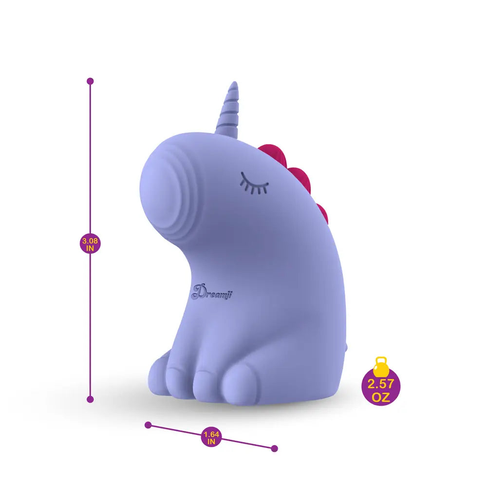 Purple unicorn-shaped product with measurements on a white background