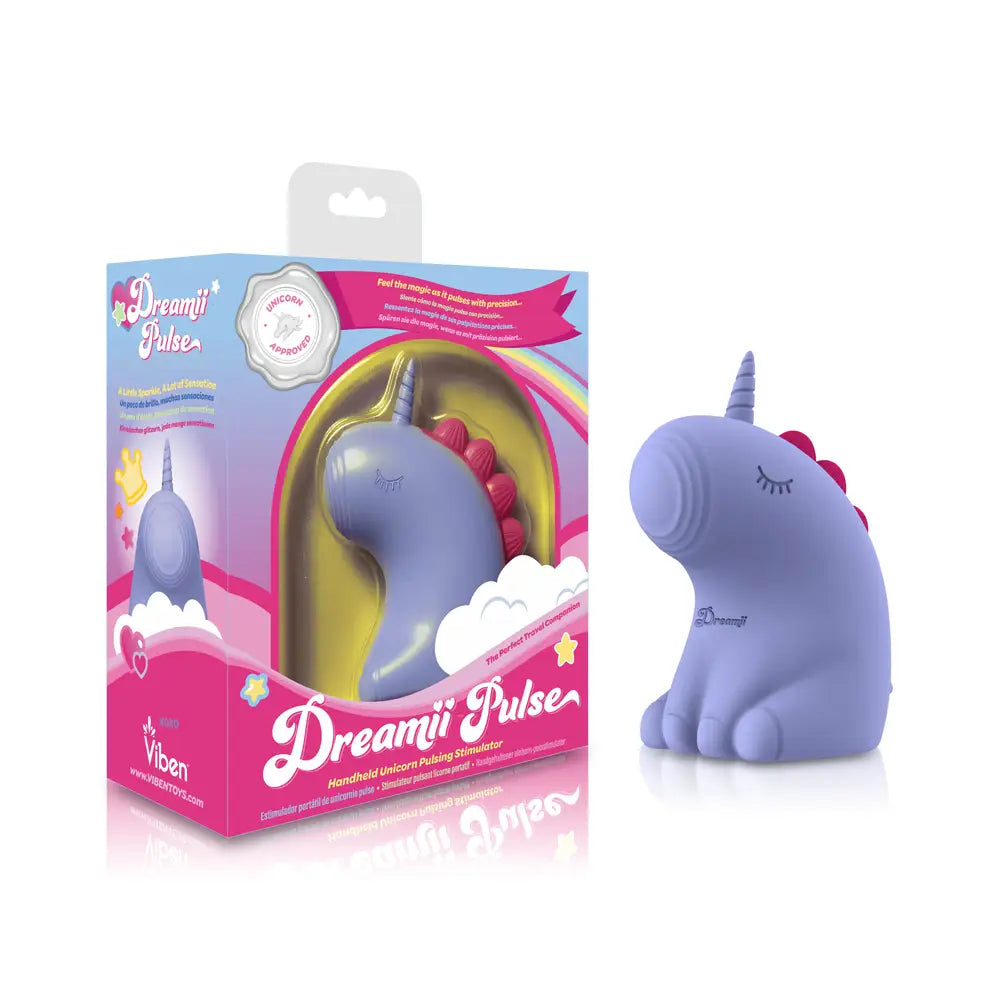 Purple unicorn-shaped product with packaging on a white background