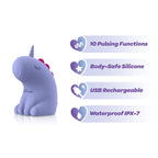 Purple unicorn-shaped toy with text indicating features on a white background