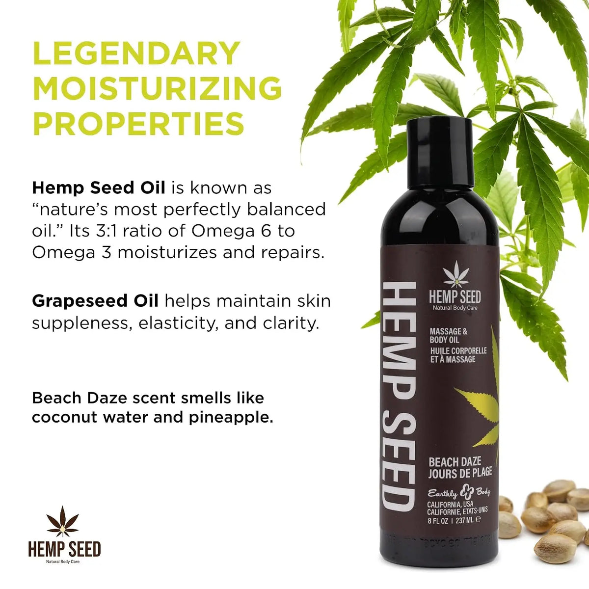 Earthly Body Hemp Seed Massage Oil - Natural Hydrating
