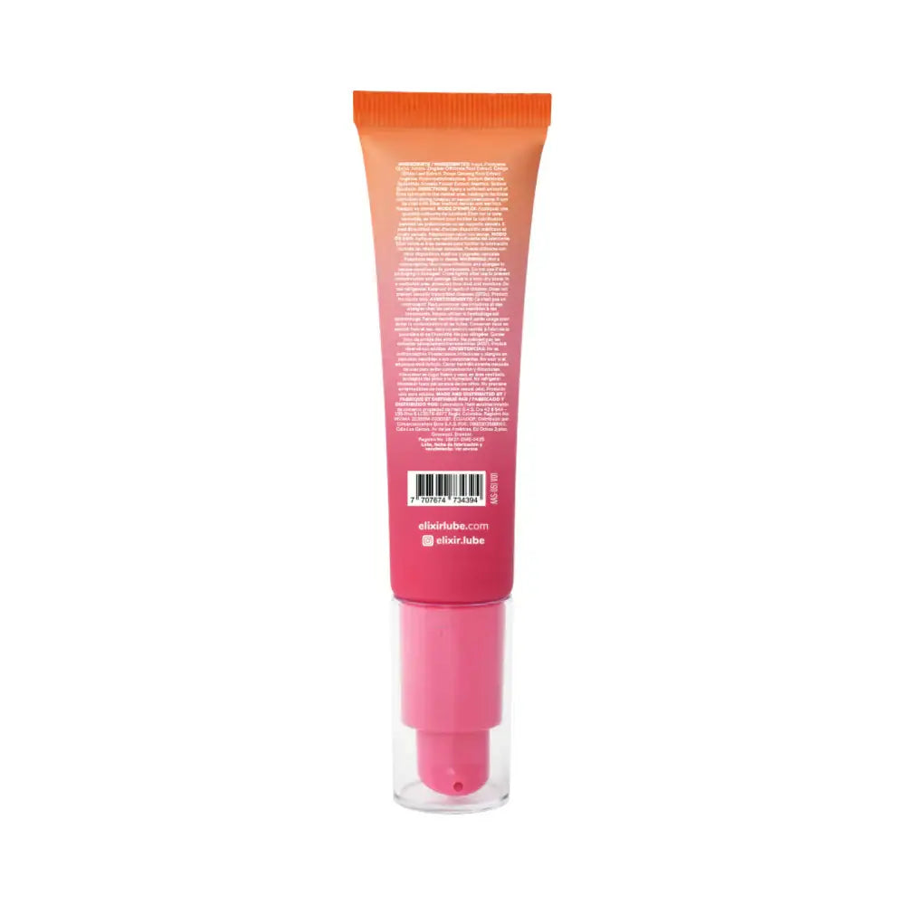 Pink and orange tube with visible brand name on a white background