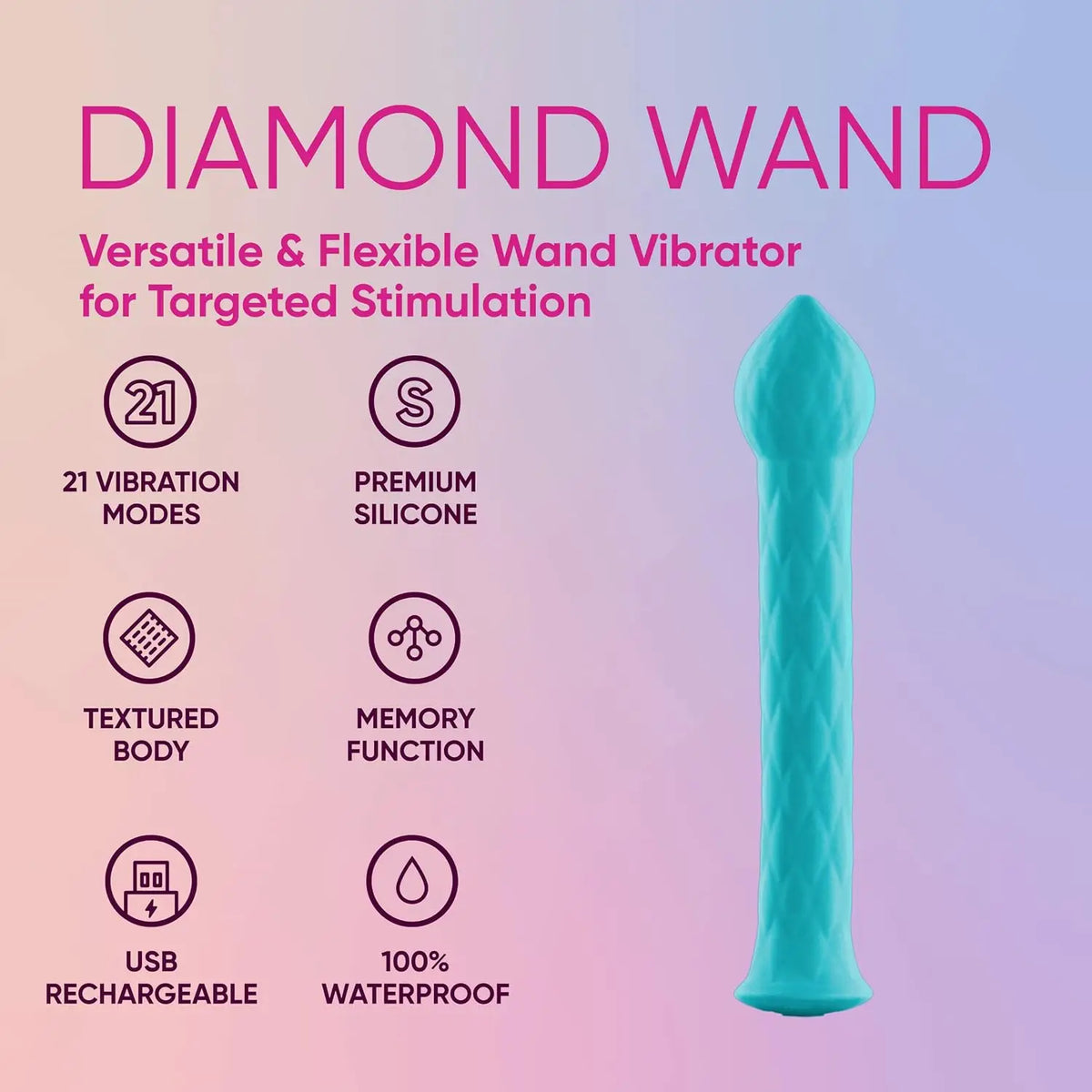FemmeFunn Diamond Wand - Textured Silicone Vibrator with 21 Settings Aqua