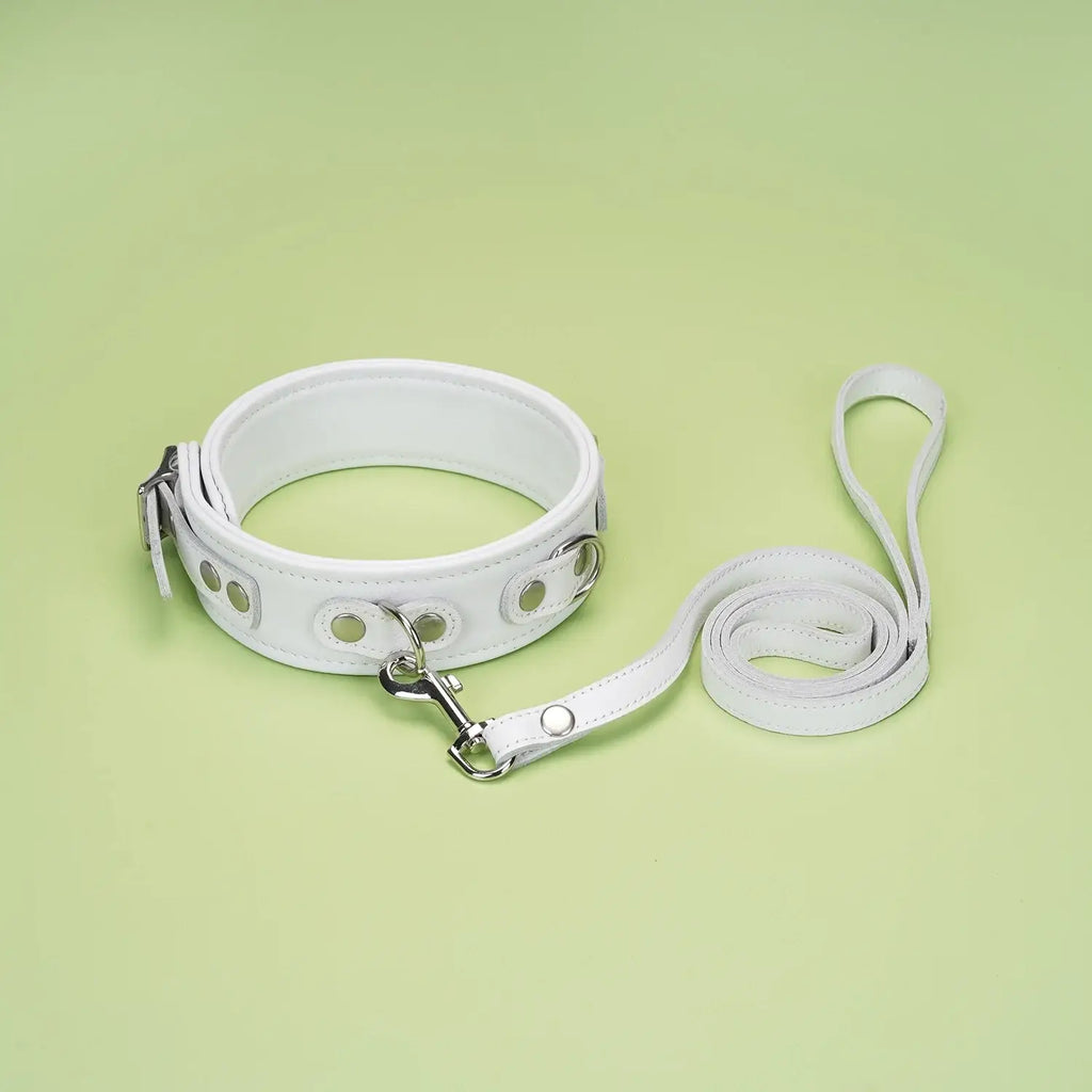 Fuji White Collection Leather Collar with Leash - Restraints