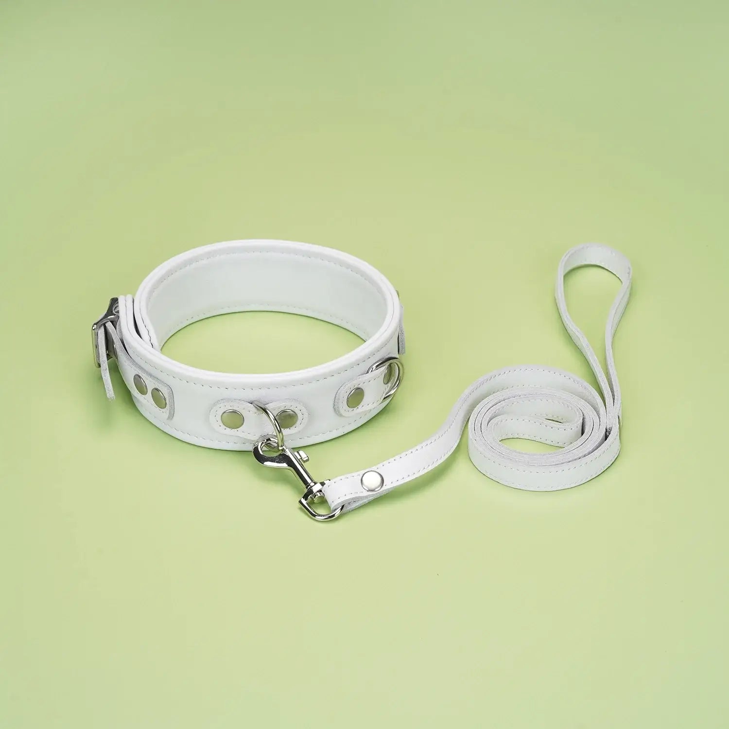 Fuji White Collection Leather Collar with Leash - Restraints