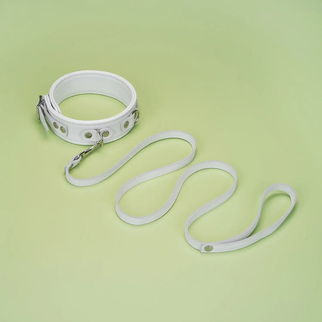 Fuji White Collection Leather Collar with Leash - Restraints