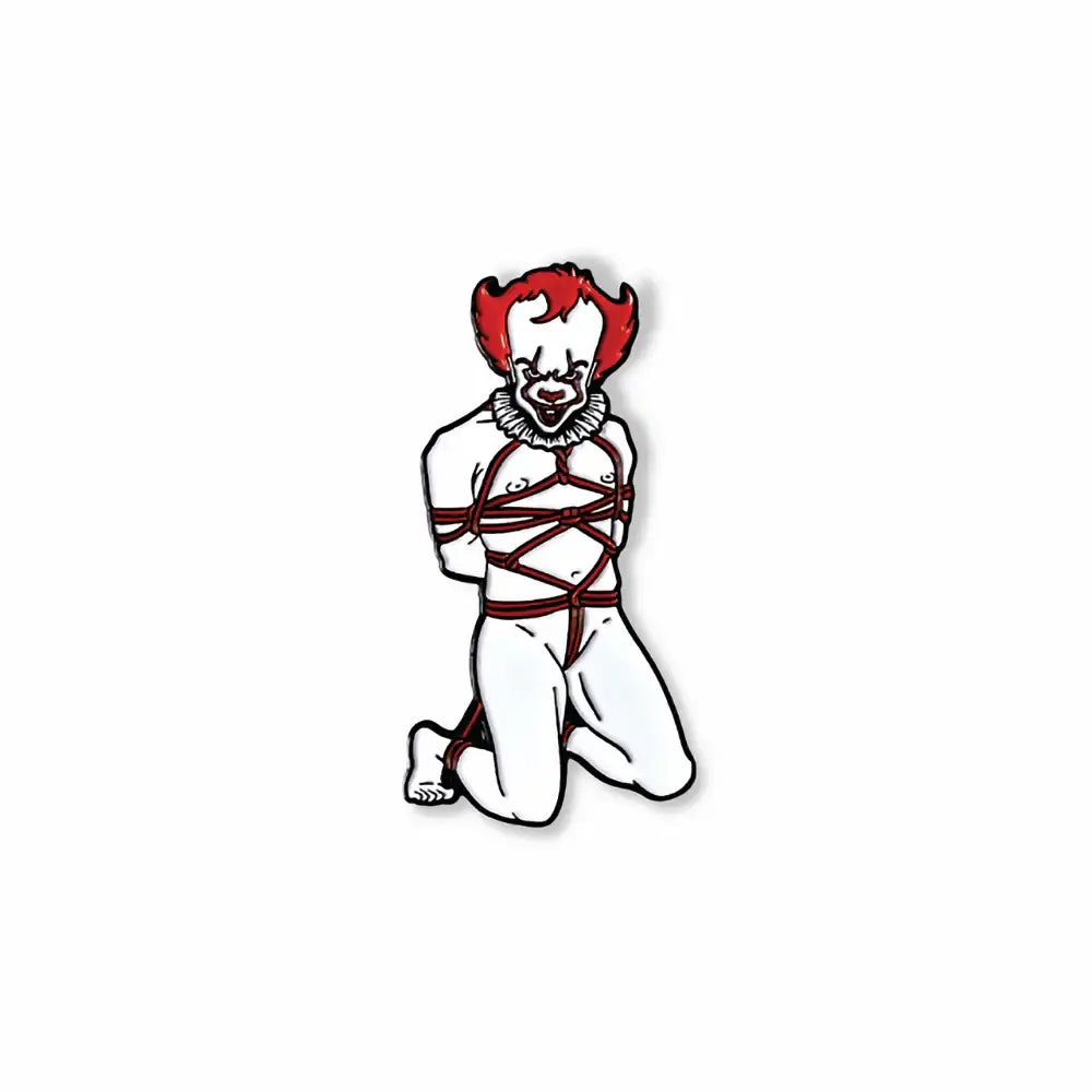 Illustration of a clown with red hair and white face, bound with rope on a white background