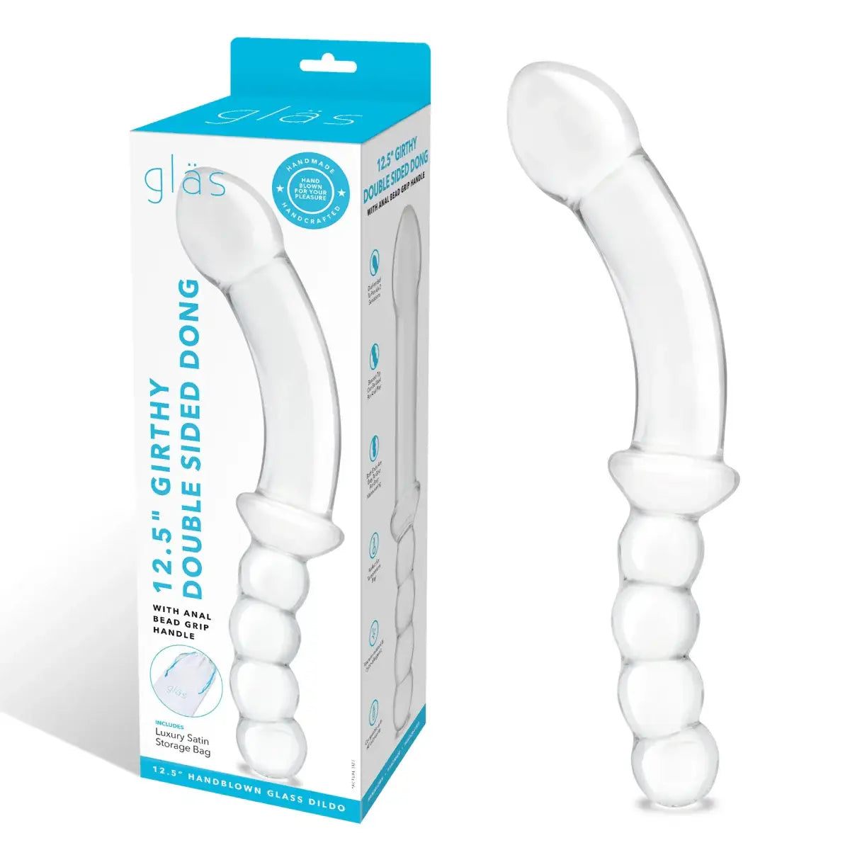 gläs 12.5" Girthy Double Sided Dong With Anal Bead Grip Handle - Rolik®