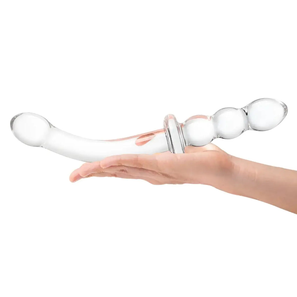 gläs 12" Girthy Ribbed G - Spot Glass Dildo With Handle Grip Double Ended - Rolik®