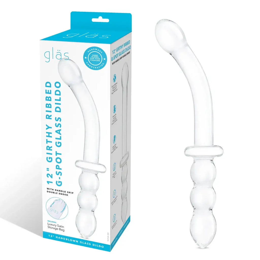 gläs 12" Girthy Ribbed G - Spot Glass Dildo With Handle Grip Double Ended - Rolik®
