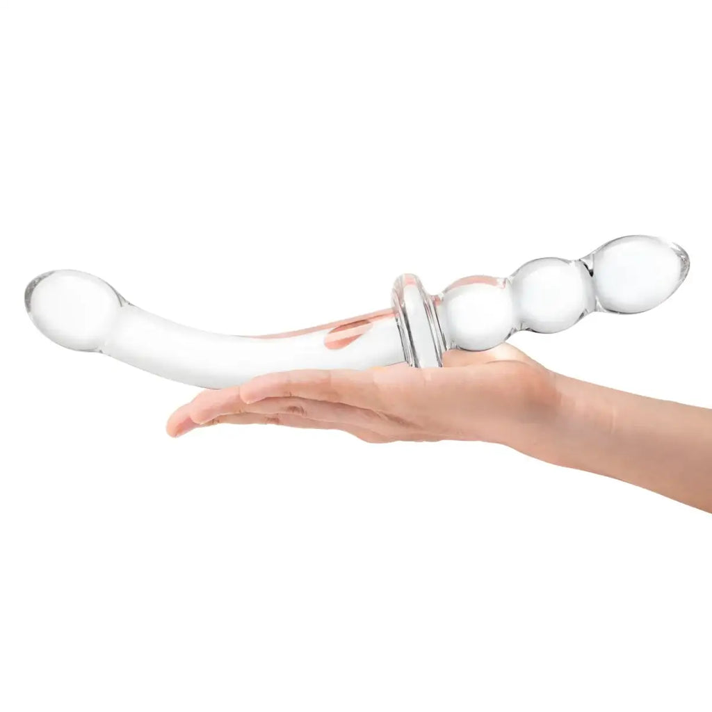 gläs 12" Girthy Ribbed G - Spot Glass Dildo With Handle Grip Double Ended - Rolik®