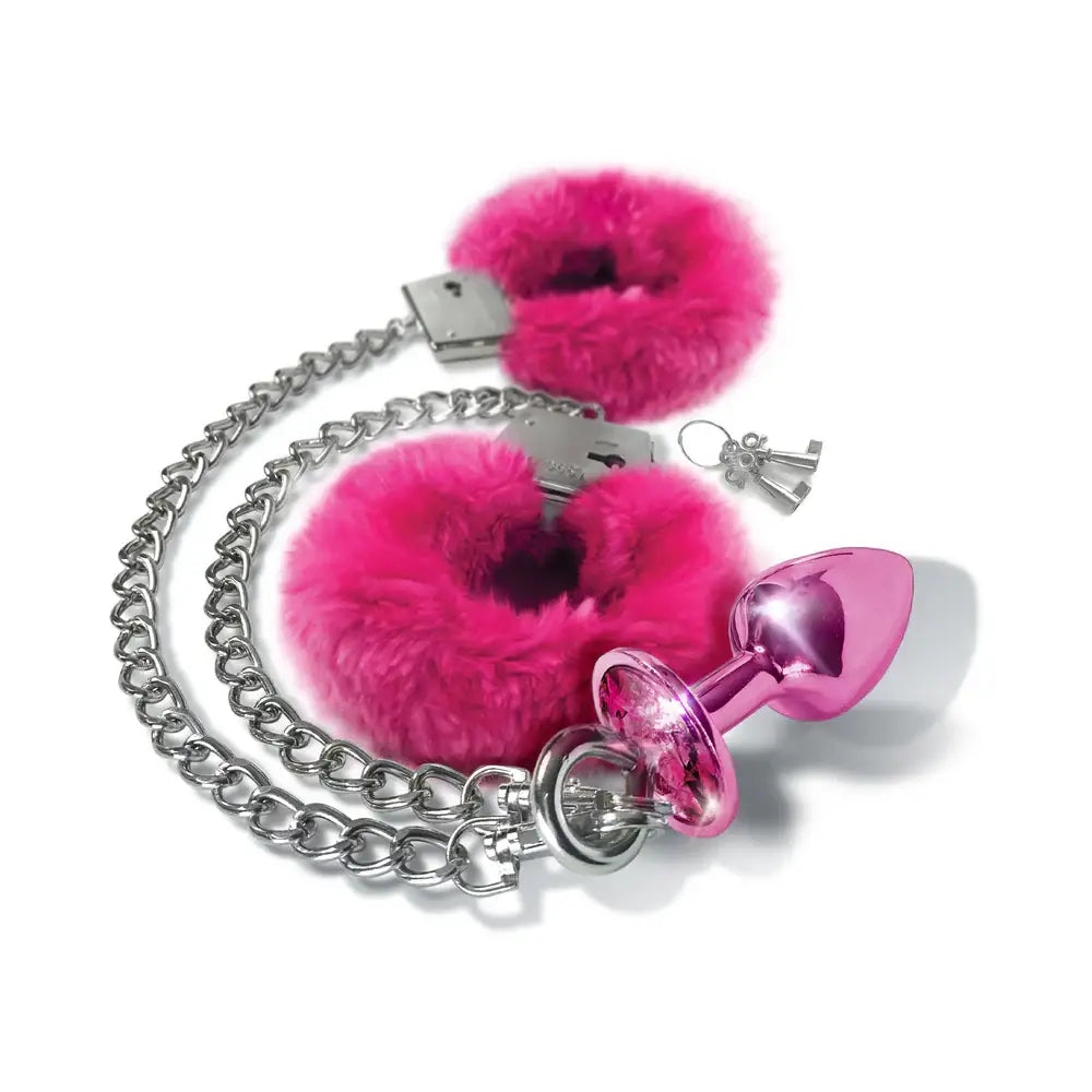 Global Novelties NIXIE Metal Butt Plug & Furry Handcuff Set | Anal Bondage Play Hot Pink
