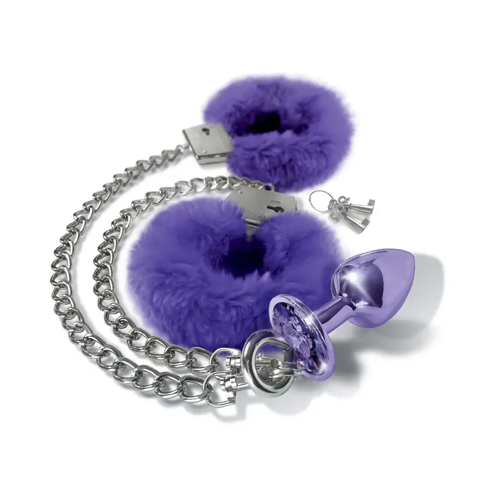 Global Novelties NIXIE Metal Butt Plug & Furry Handcuff Set | Anal Bondage Play Purple
