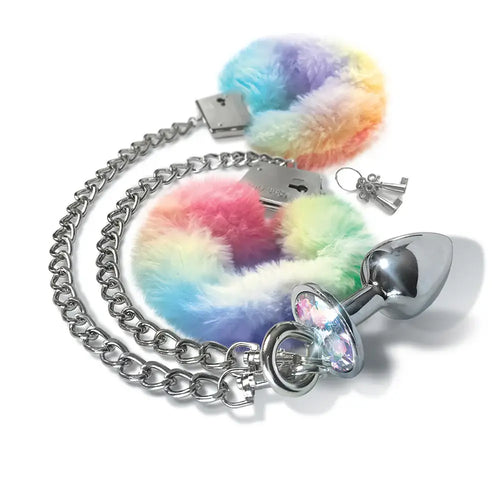 Global Novelties NIXIE Metal Butt Plug & Furry Handcuff Set | Anal Bondage Play Pastel Rainbow