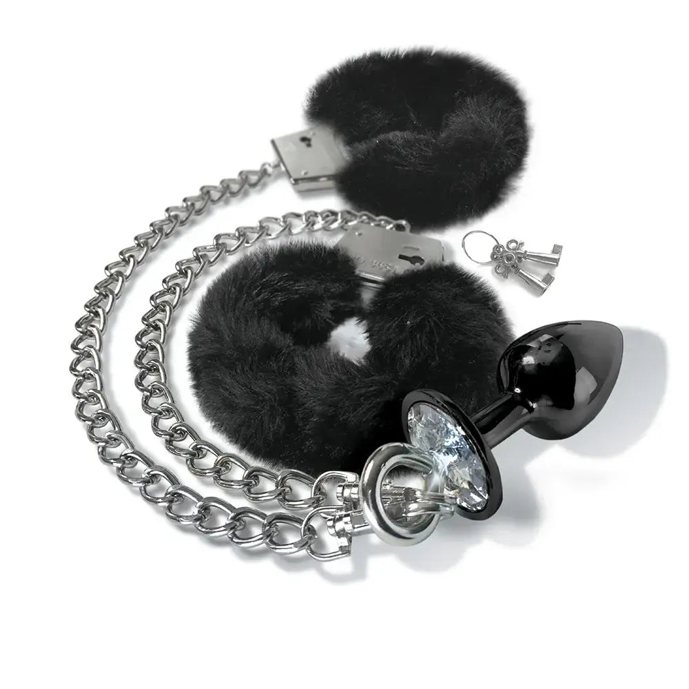 Global Novelties NIXIE Metal Butt Plug & Furry Handcuff Set | Anal Bondage Play Black