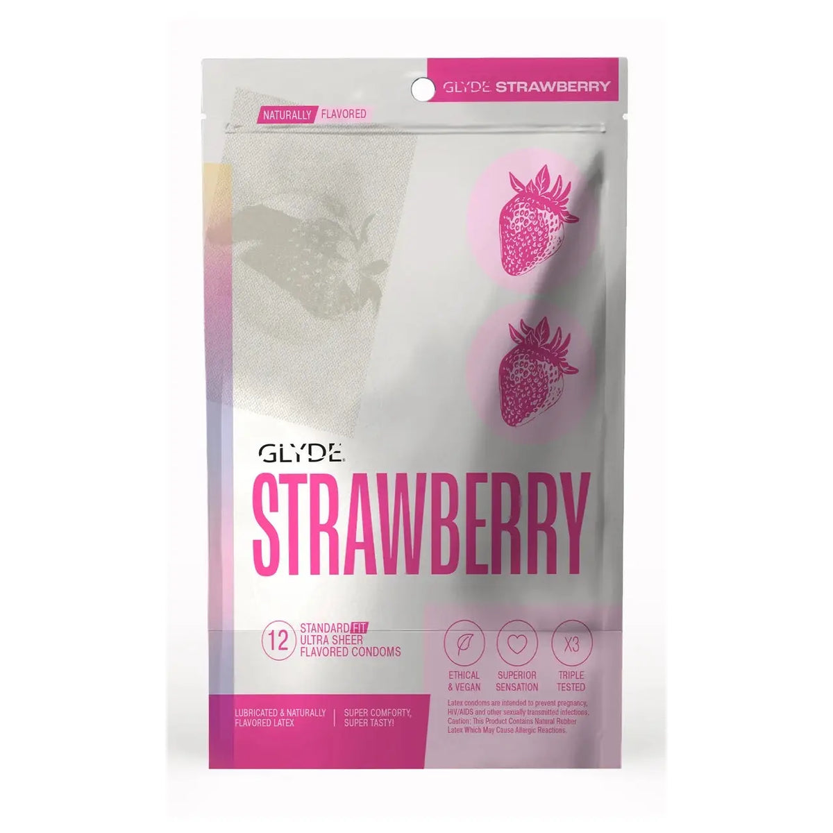 Glyde Organic Strawberry Flavored Condoms – Vegan & Plant-Based Standard Fit 12-Pack