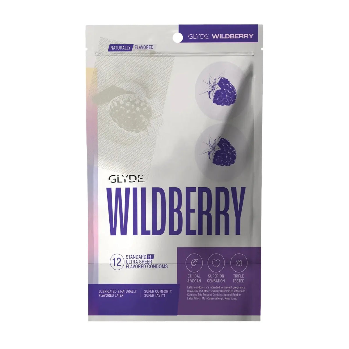 Glyde Wildberry Organic Flavored Condoms - Vegan & Ultra Thin 12-Pack