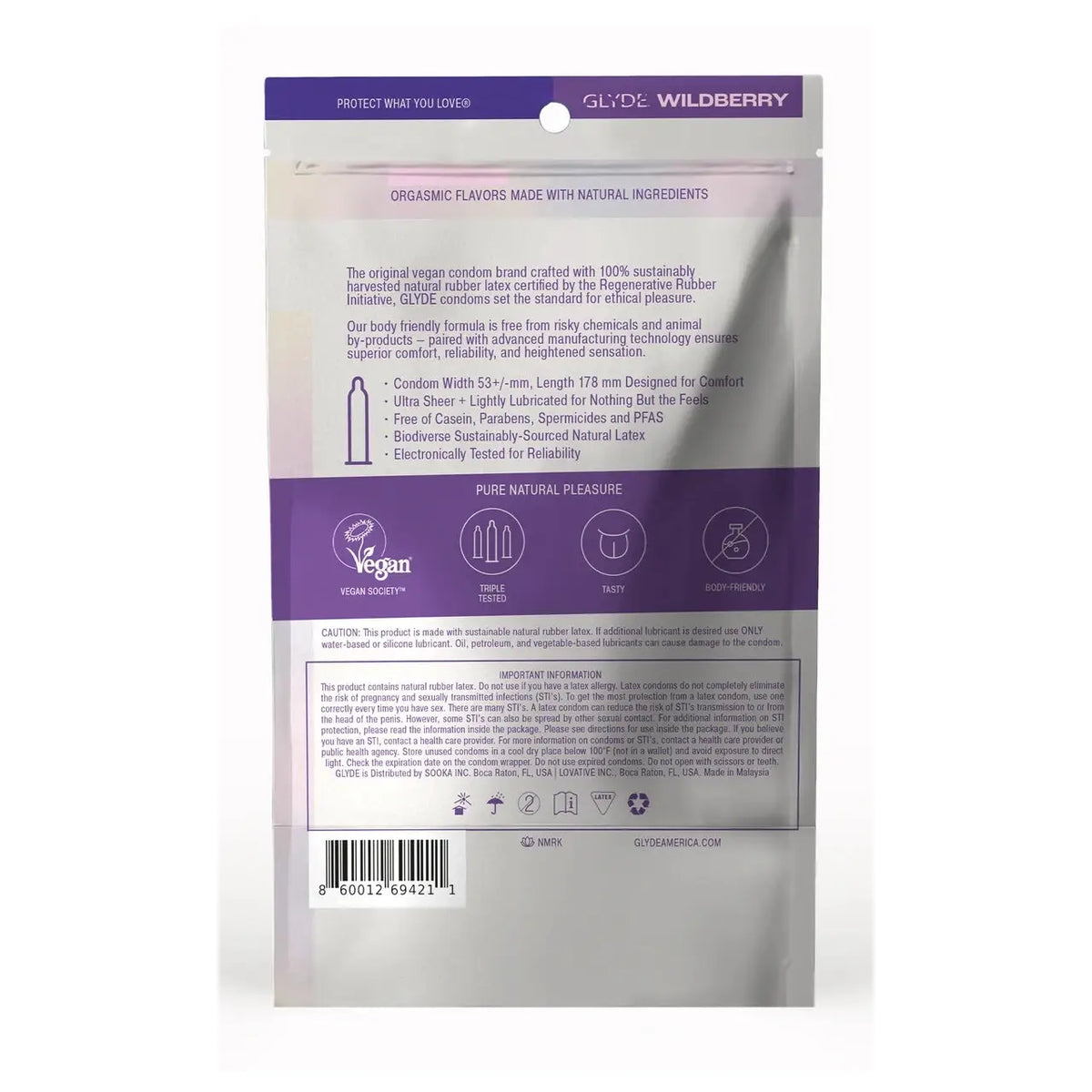 Glyde Wildberry Organic Flavored Condoms - Vegan & Ultra Thin 12-Pack