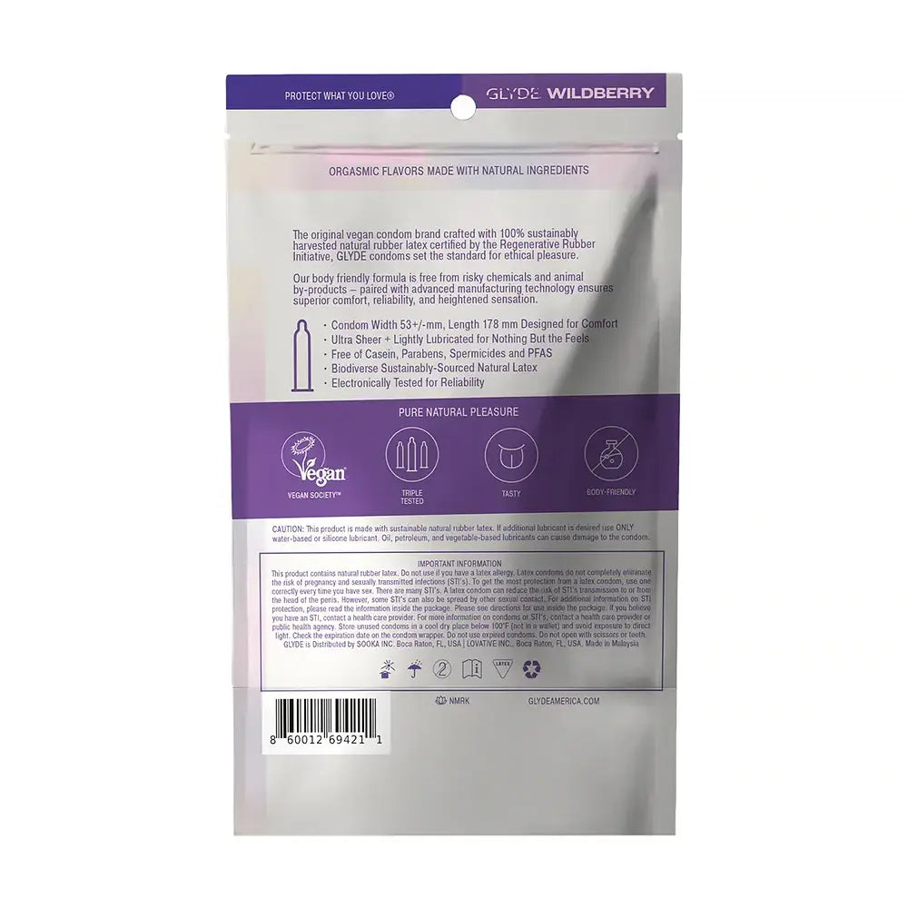 Glyde Wildberry Organic Flavored Condoms - Vegan & Ultra Thin 12-Pack