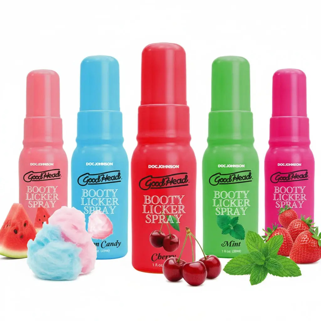 Five bottles of 'Good Head Booty Licker Spray' in different flavors on a white background.
