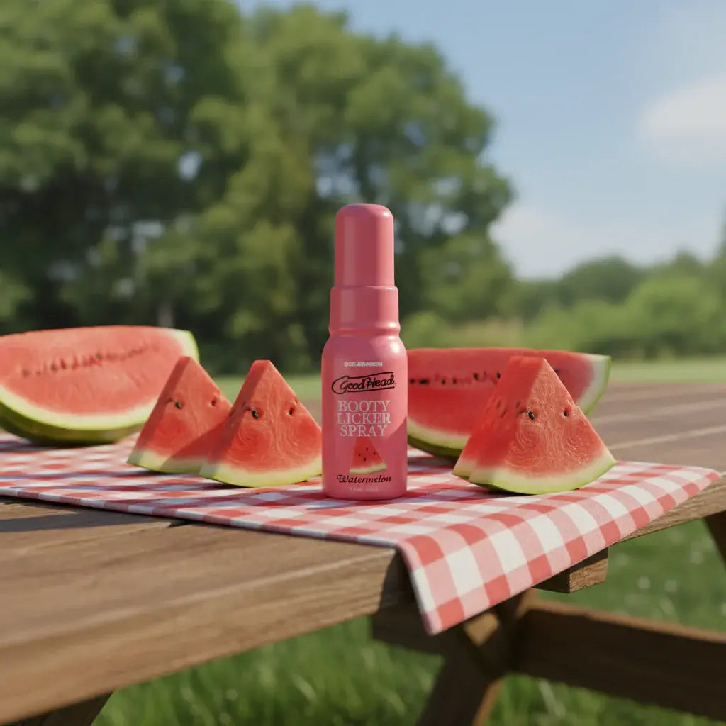 Pink 'Goodhead Booty Licker Spray' bottle with watermelon flavor on a white background