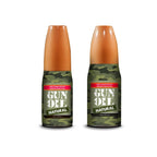 Two bottles of Gun Oil Natural on a white background
