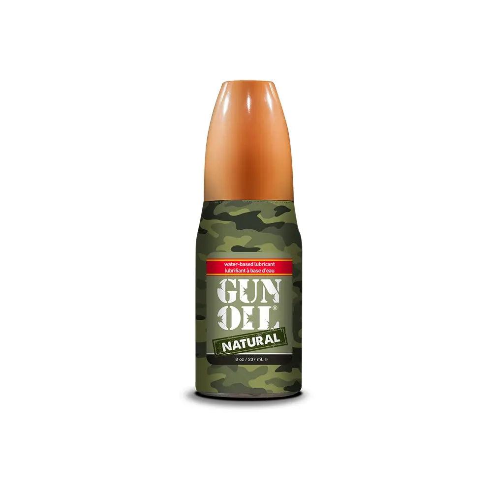 Bottle of Gun Oil Natural with camouflage label on a white background