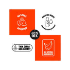 A collage of four orange and black informational panels with text and icons about a gun oil product, including 'NO SCENT NO FLAVOR,' 'DURATION Varies,' 'THIN, CLEAR NON-GREASY,' and 'ALL NATURAL INGREDIENTS,' with a central black circle reading 'GUN OIL.'.
