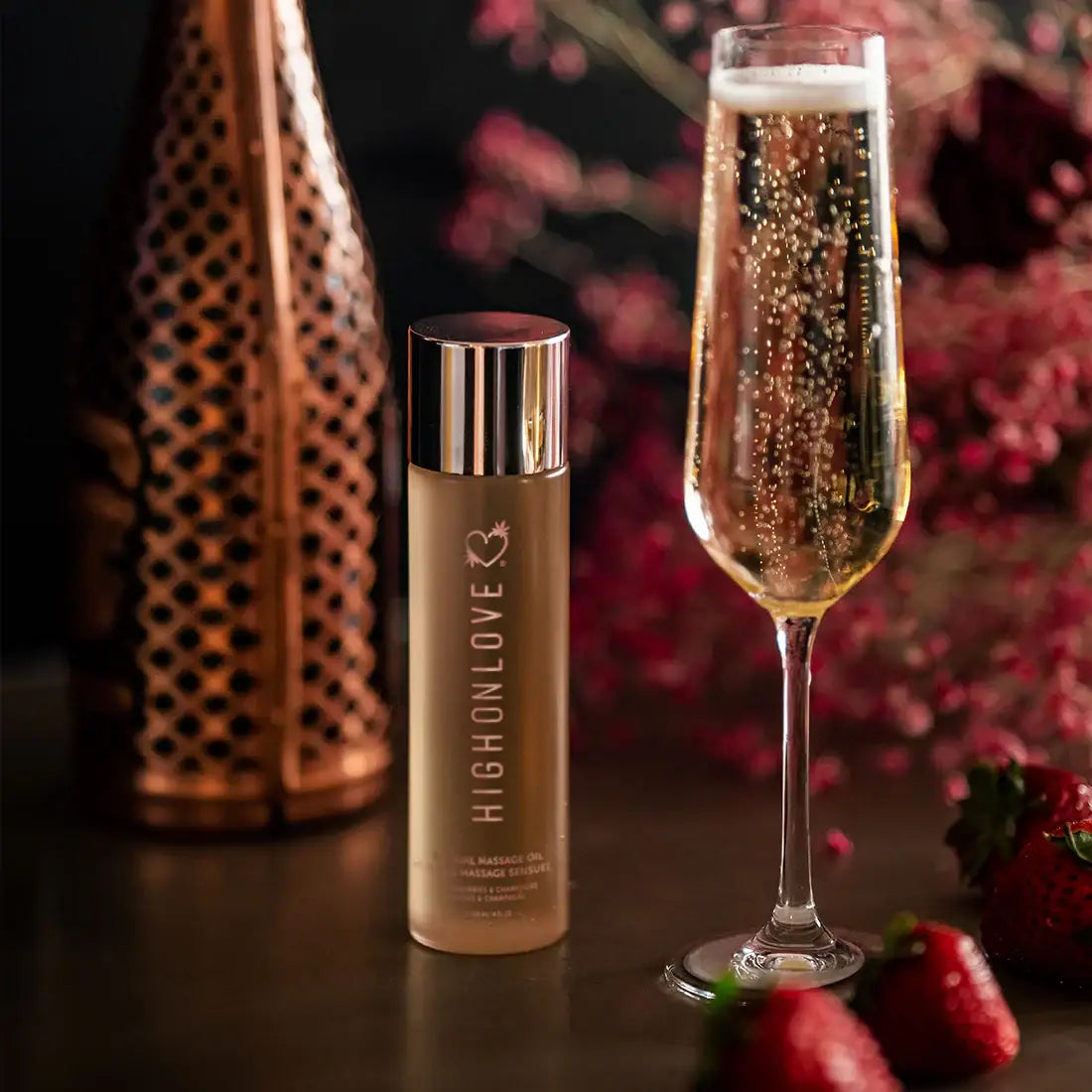 High on Love® Love Nourishing Massage Oil | Edible Vegan & Hemp-Infused Strawberries Champagne