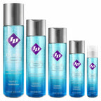 Set of blue ID Glide personal lubricant bottles on a white background