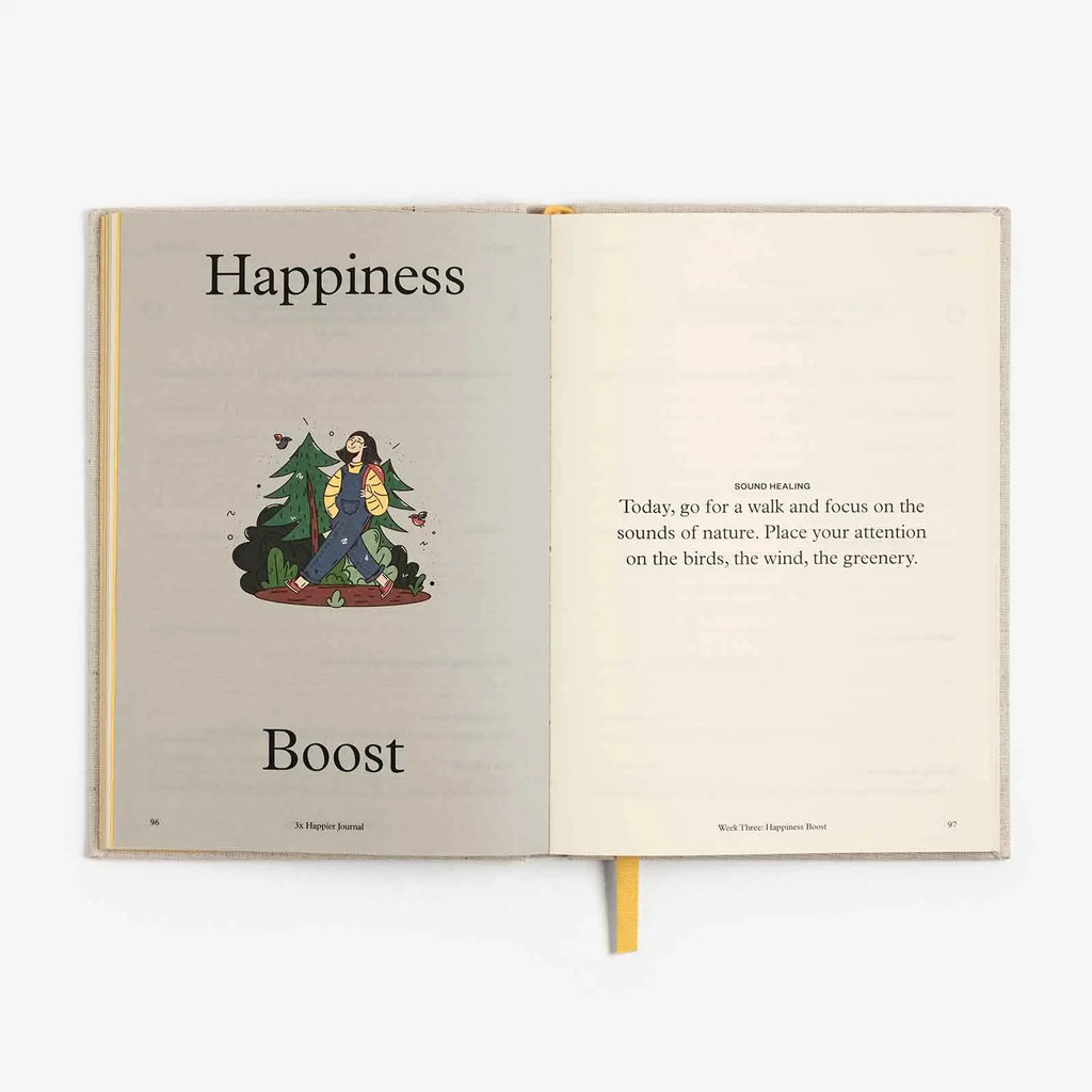 Open book with 'Happiness' and 'Boost' sections on a white background