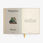 Open book with 'Happiness' and 'Boost' sections on a white background
