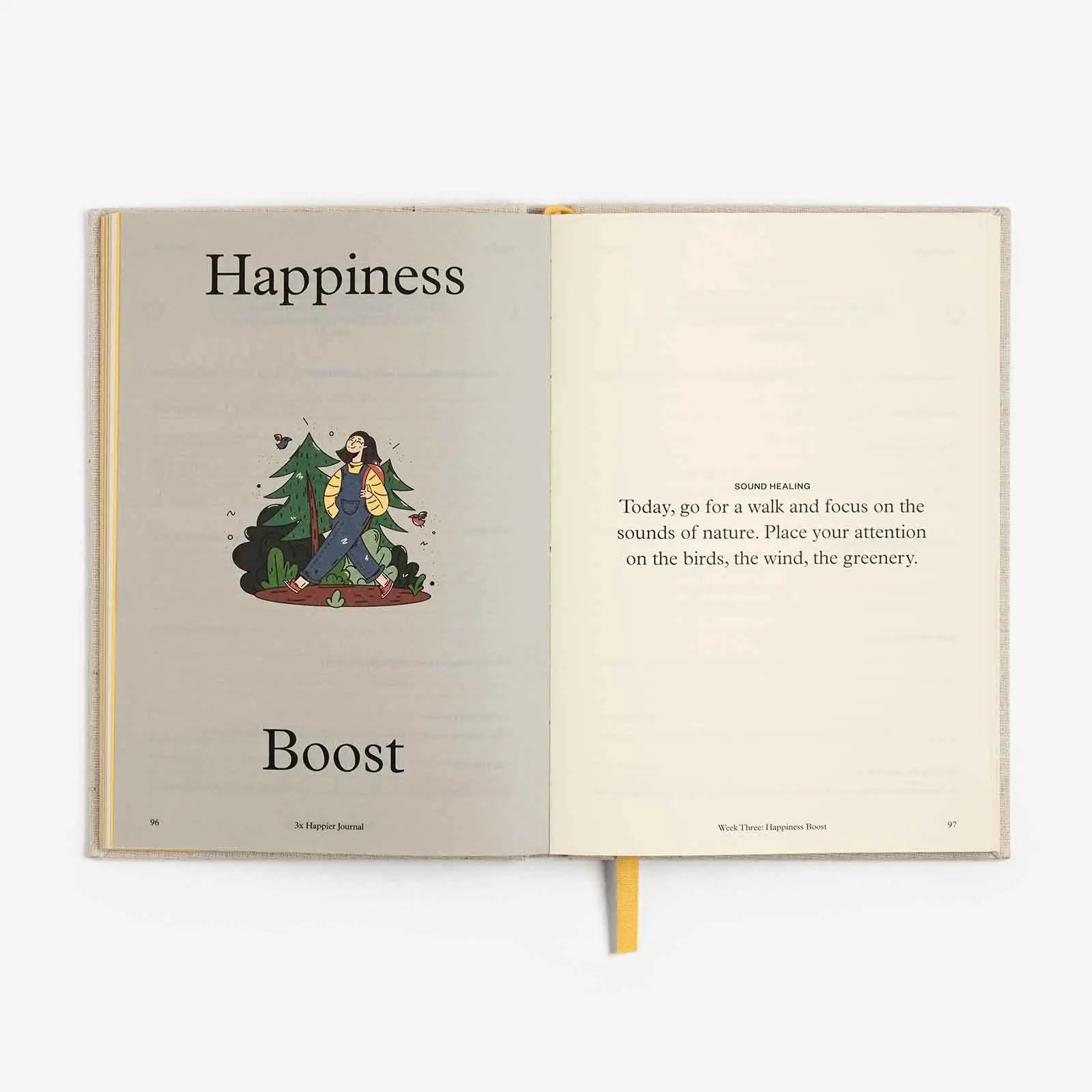 Open book with 'Happiness' and 'Boost' sections on a white background