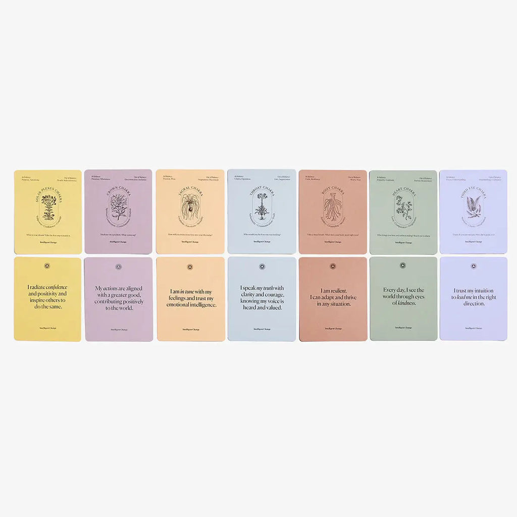 Set of 9 pastel-colored cards with text on a white background