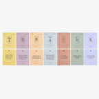 Set of 9 pastel-colored cards with text on a white background