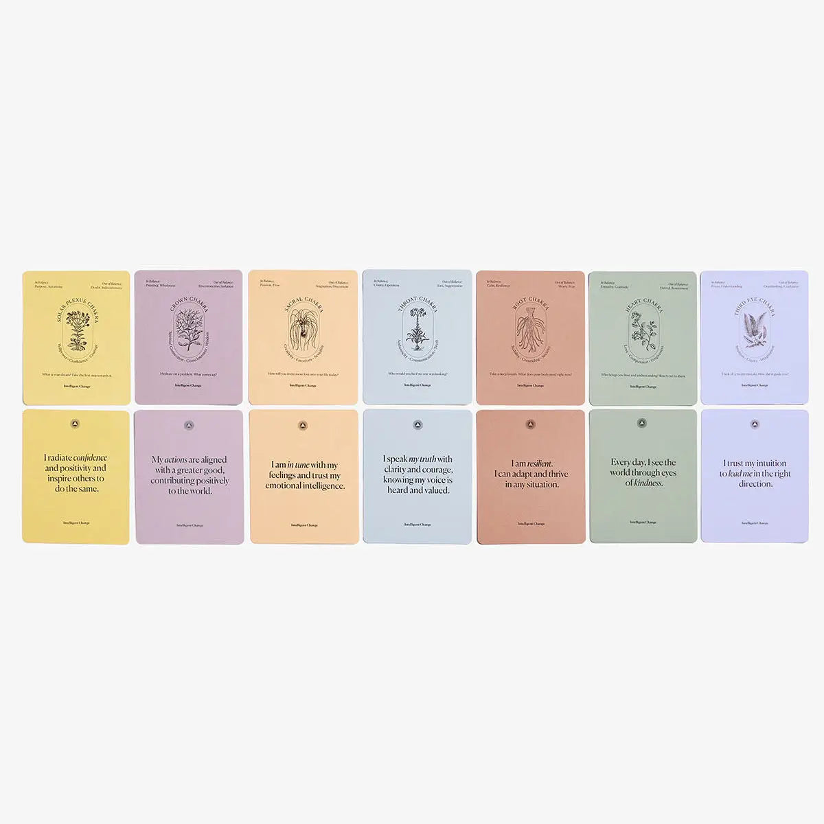 Set of 9 pastel-colored cards with text on a white background