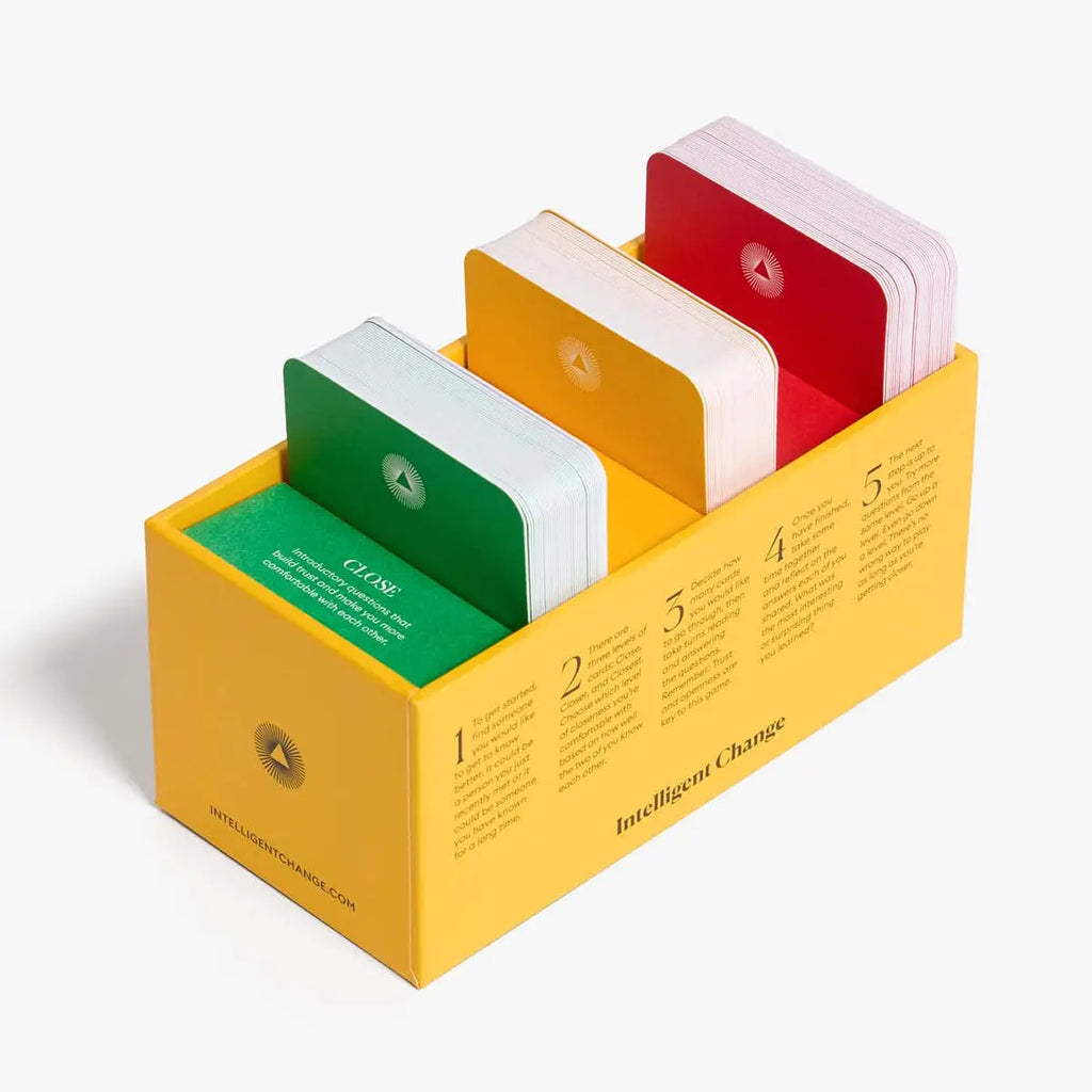 Yellow box with colorful cards on a white background