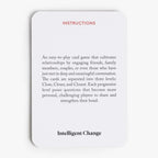 Card game instructions with 'Intelligent Change' branding on a white background