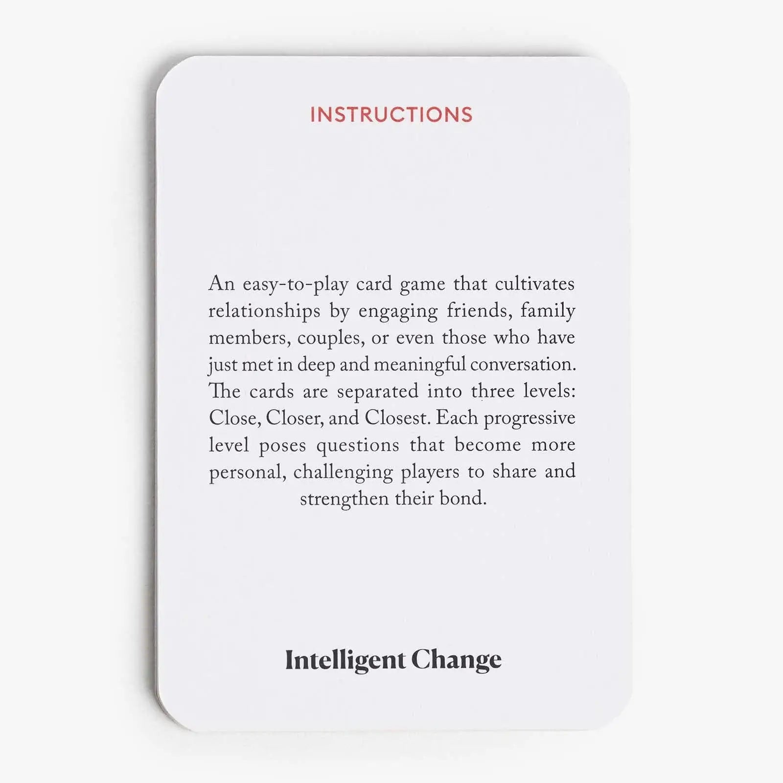 Card game instructions with 'Intelligent Change' branding on a white background