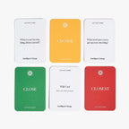 Set of six question cards with different colors and text on a white background