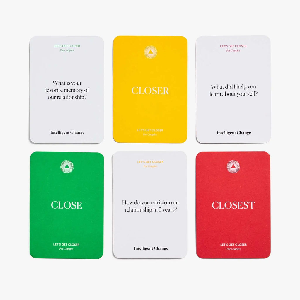 Set of six question cards with different colors and text on a white background
