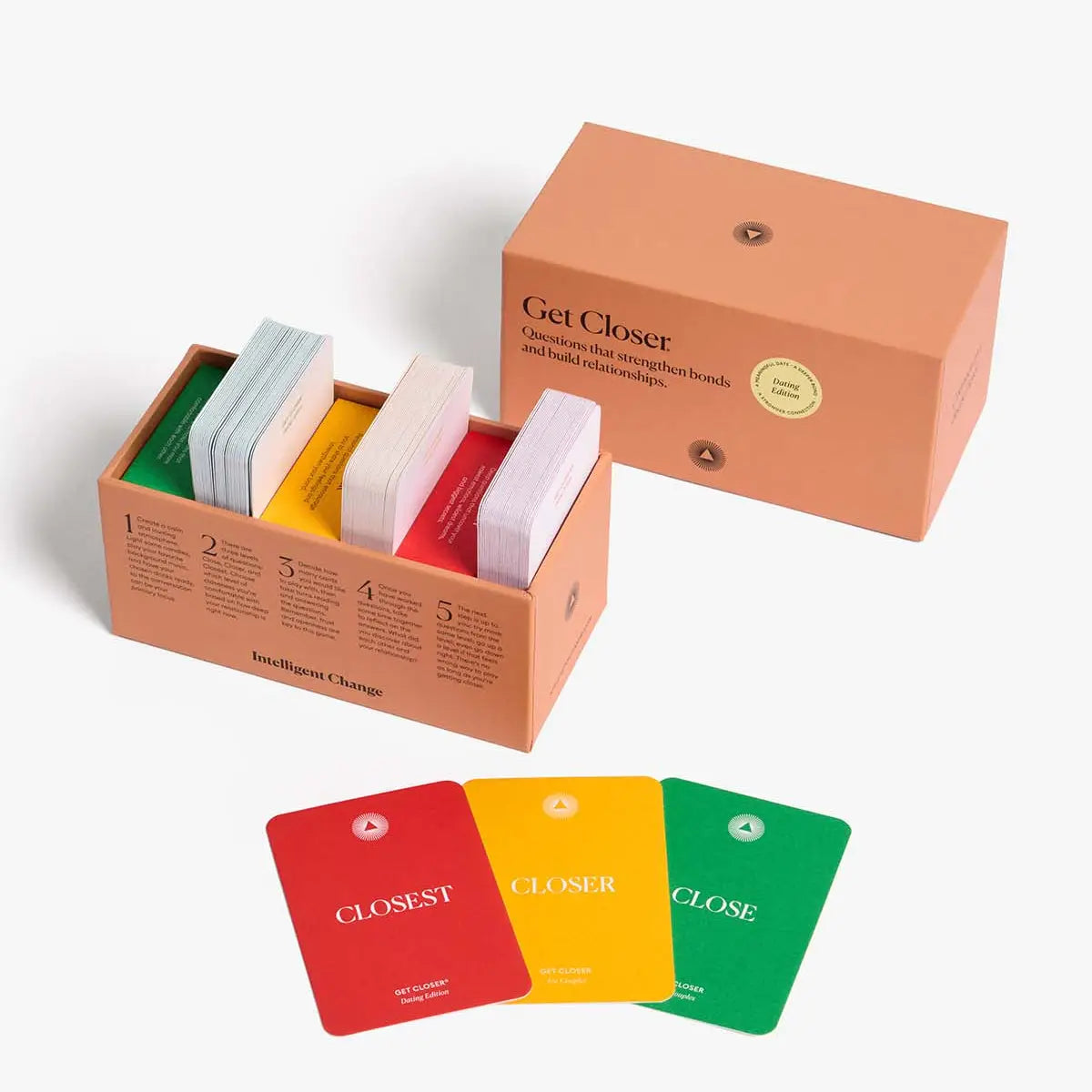 Color swatch cards with 'Closest', 'Closer', and 'Close' labels in a cardboard box on a white background.