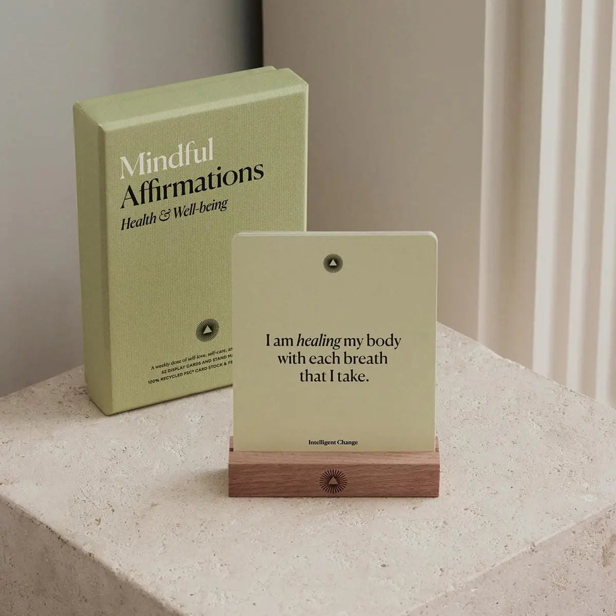 Intelligent Change Health & Wellbeing Affirmation Cards – 52-Card Deck with Beechwood Stand